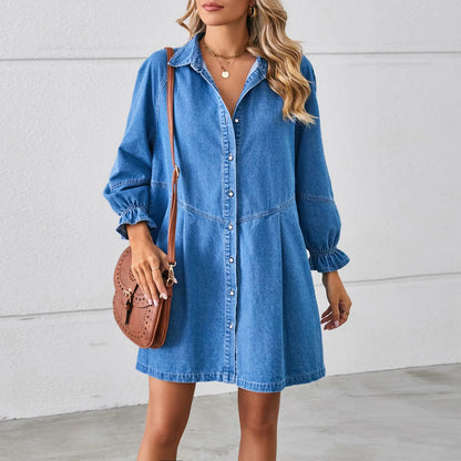 JuliaFashion - Spring Summer Denim 2024 Fashion Korea Thin Loose Lantern Sleeve Shirt High Street Mini Casual Button Dress