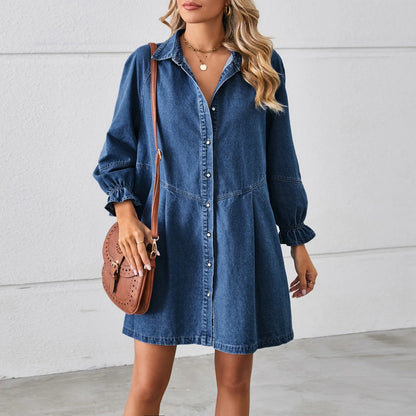 JuliaFashion - Spring Summer Denim 2024 Fashion Korea Thin Loose Lantern Sleeve Shirt High Street Mini Casual Button Dress