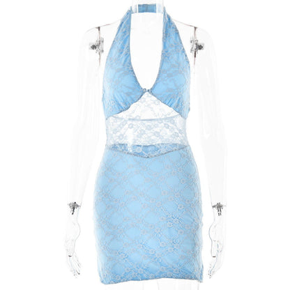 Dress Trend V neck Halter Lace Stitched Backless Dress