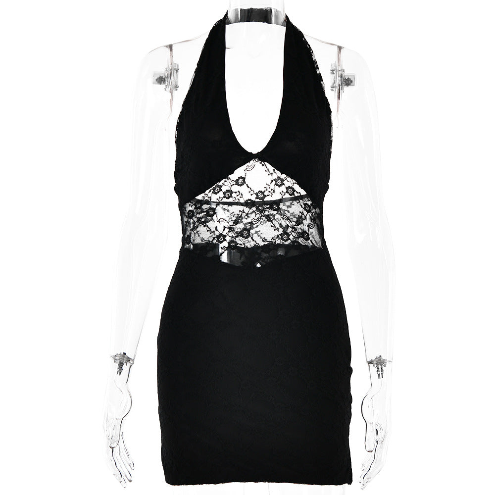 Dress Trend V neck Halter Lace Stitched Backless Dress