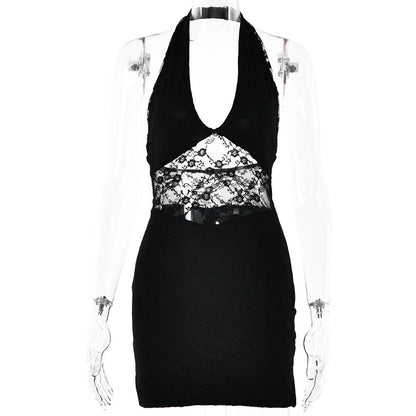 Dress Trend V neck Halter Lace Stitched Backless Dress