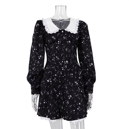 Long Sleeve Floral Short Dress Design Doll Collar Tight Waist A- line Dress