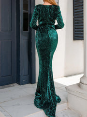 Square Neck Long Evening Mermaid Dress Sequined Floor Length Stretchy Christmas Party Dresses-L