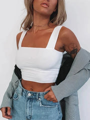 Square Neck Sleeveless Summer Crop Women Black Casual Basic T Shirt Off Shoulder Cami Sexy Backless
