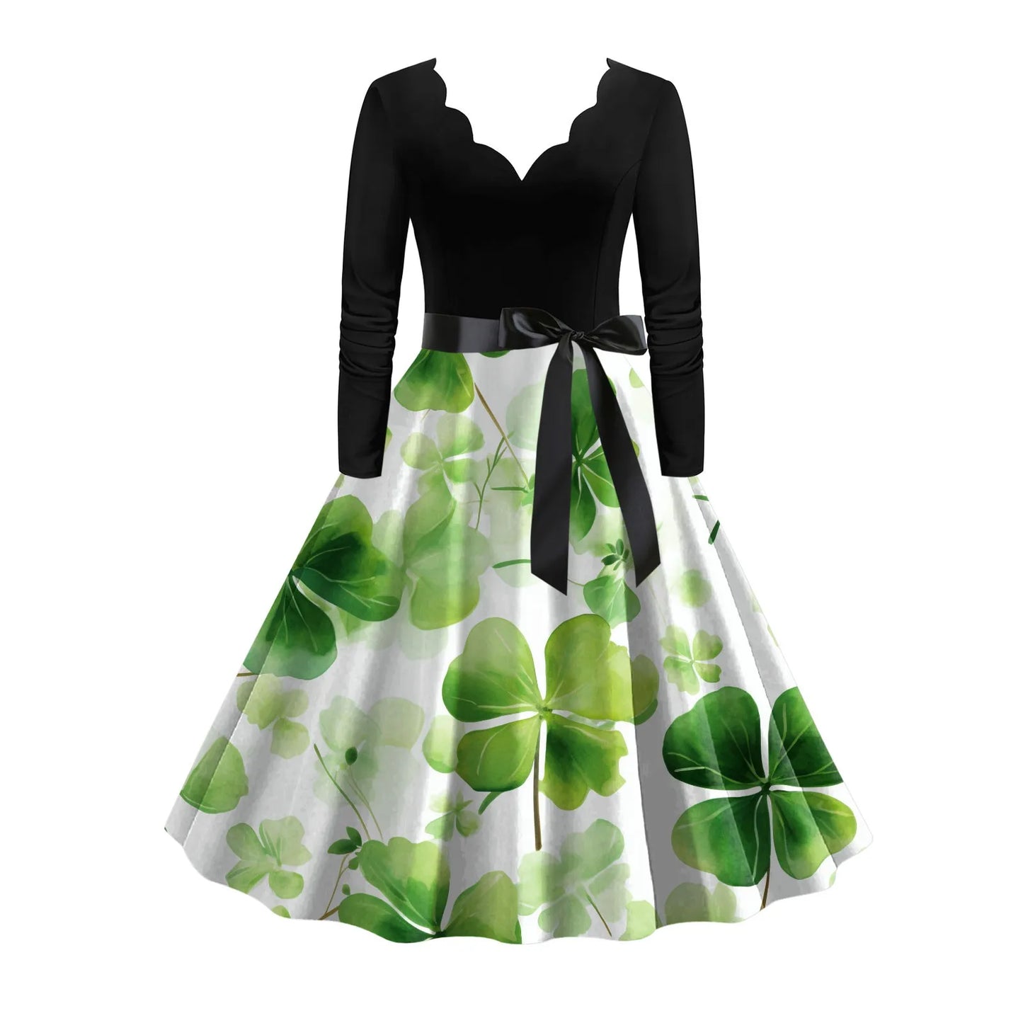 JuliaFashion - St. Patrick's Day Party For Women 2024 New Belted V Neck Long Sleeve Four Leaf Straw Print Vintage Swing A Line Dress