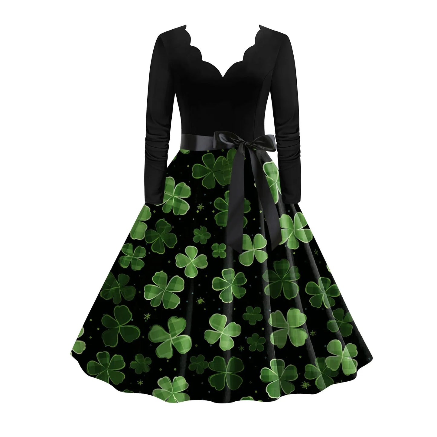 JuliaFashion - St. Patrick's Day Party For Women 2024 New Belted V Neck Long Sleeve Four Leaf Straw Print Vintage Swing A Line Dress