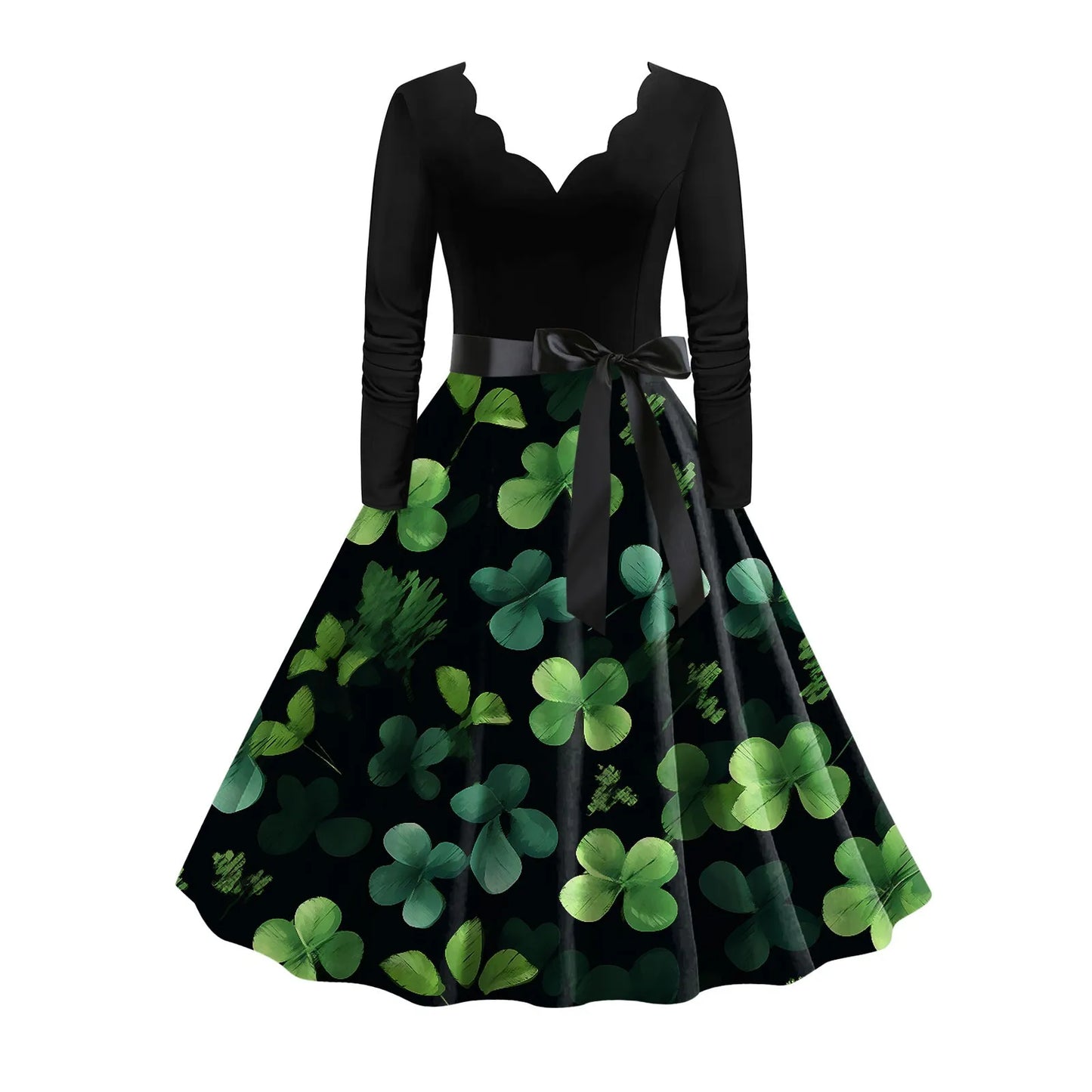 JuliaFashion - St. Patrick's Day Party For Women 2024 New Belted V Neck Long Sleeve Four Leaf Straw Print Vintage Swing A Line Dress