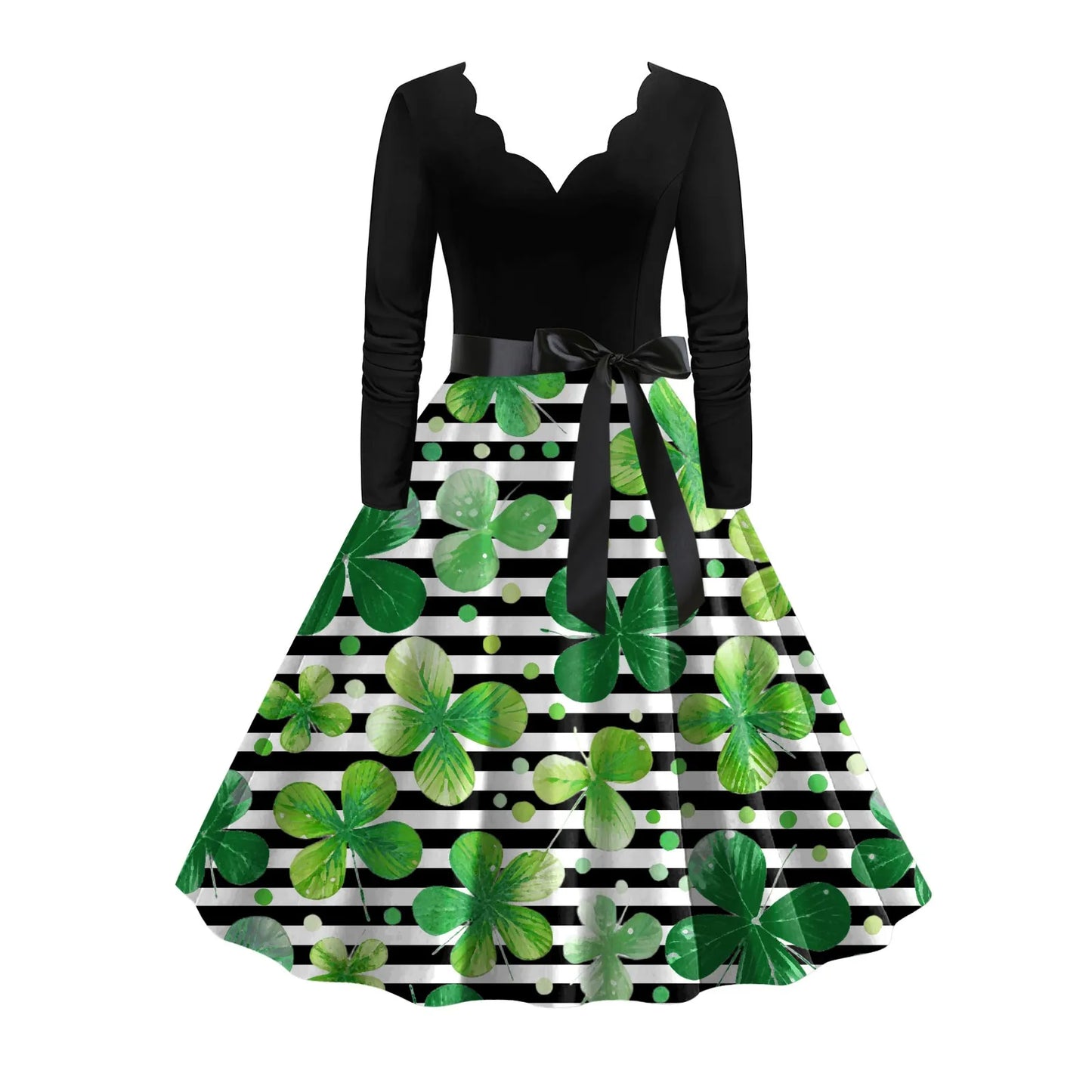 JuliaFashion - St. Patrick's Day Party For Women 2024 New Belted V Neck Long Sleeve Four Leaf Straw Print Vintage Swing A Line Dress