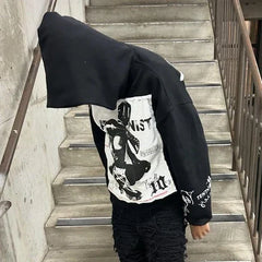 Retro Patch Black Cotton Hoodie