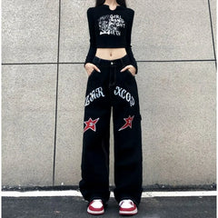 Wide Leg Stars Letter Print Jeans Pants Black / S (40-48KG)