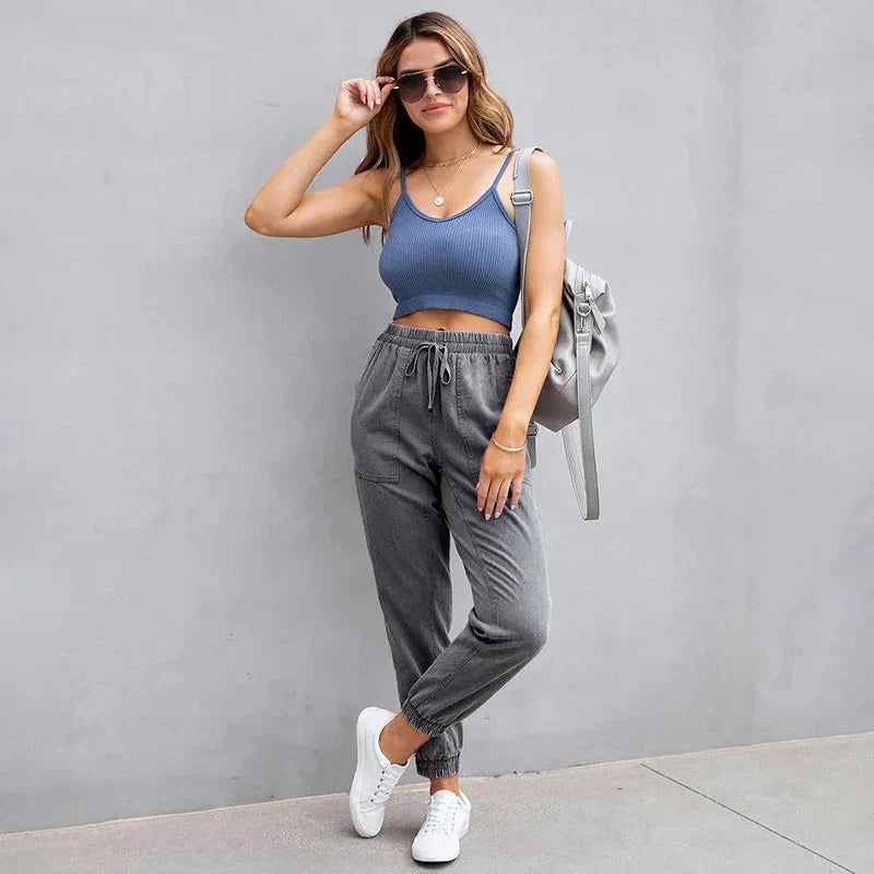 Stretch Women High Waist Wide Leg Casual Fashion Pocket Drawstring Clothing Mom Jean