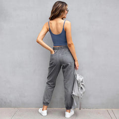 Stretch Women High Waist Wide Leg Casual Fashion Pocket Drawstring Clothing Mom Jean