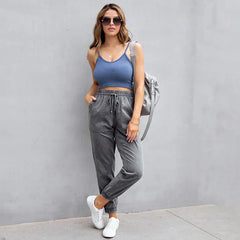 Stretch Women High Waist Wide Leg Casual Fashion Pocket Drawstring Clothing Mom Jean