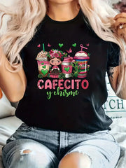Coffee & Girl Printed - Casual All-Season Crew Neck Top With Belt Comfortable Polyester Blend