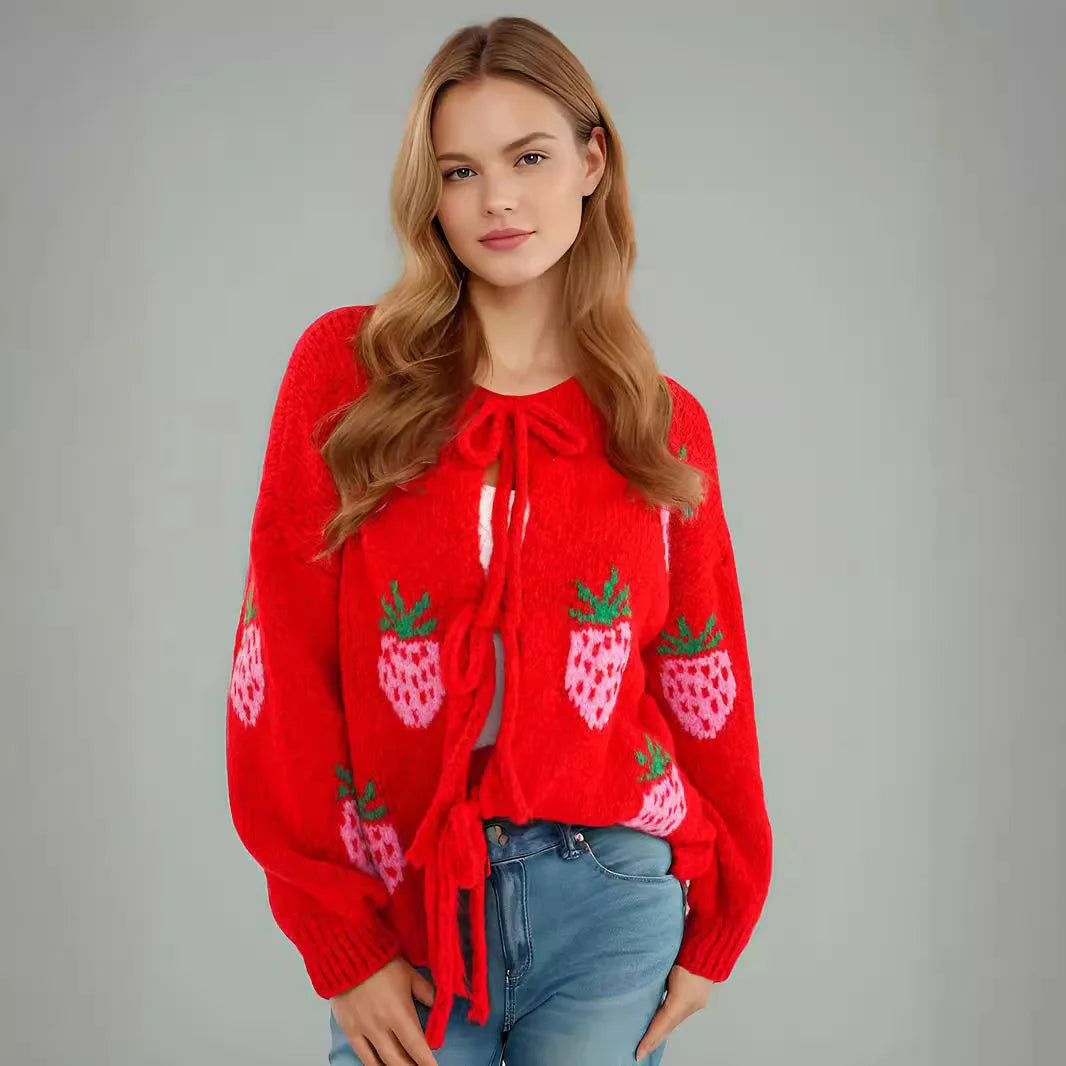 Embroidery Heart Lace-Up Cardigan Cardigan-241208