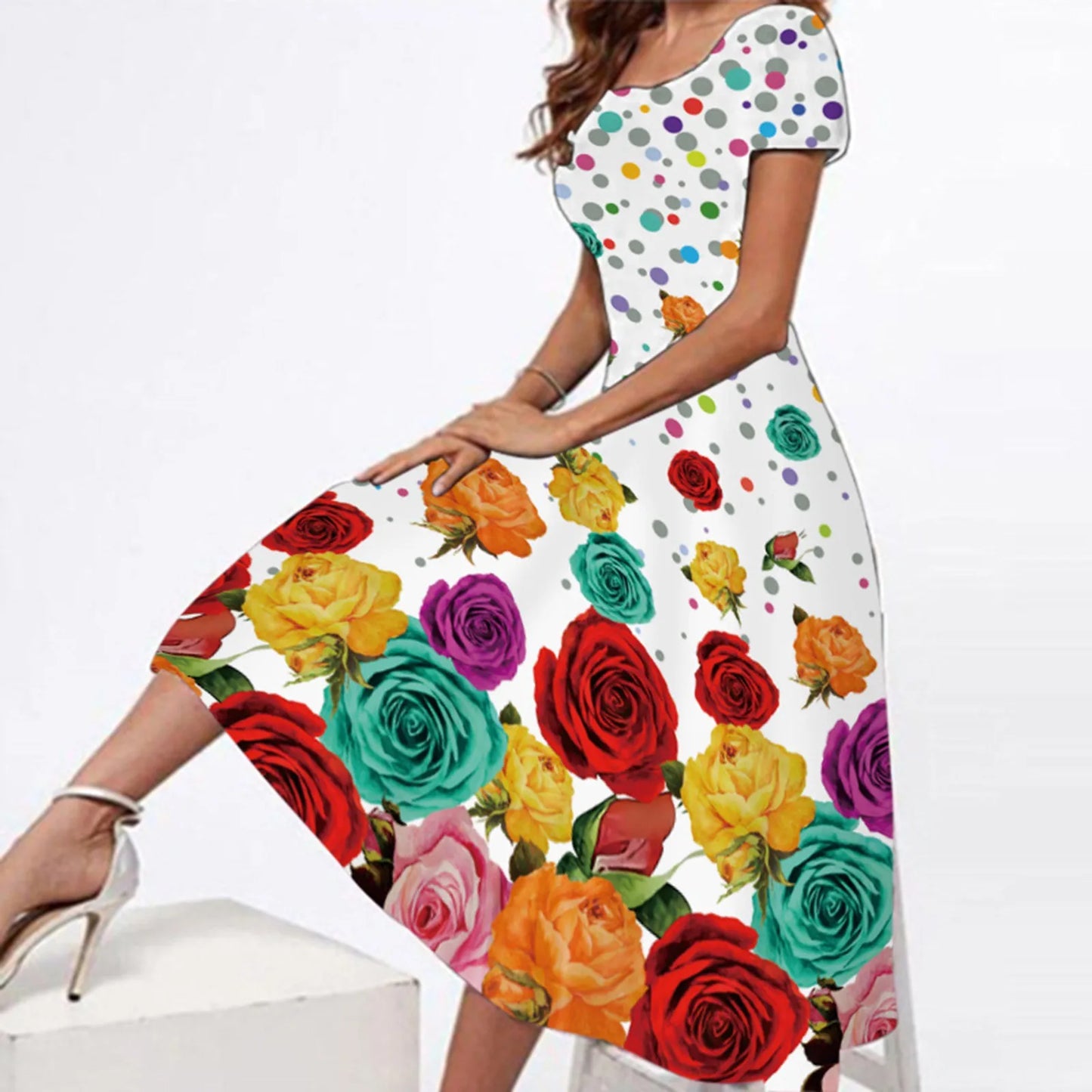 JuliaFashion - Summer Casual Crew Neck Loose Women Short Sleeve Floral Printed Boho Beach Long SunVintage Ladies Long Loose Dress