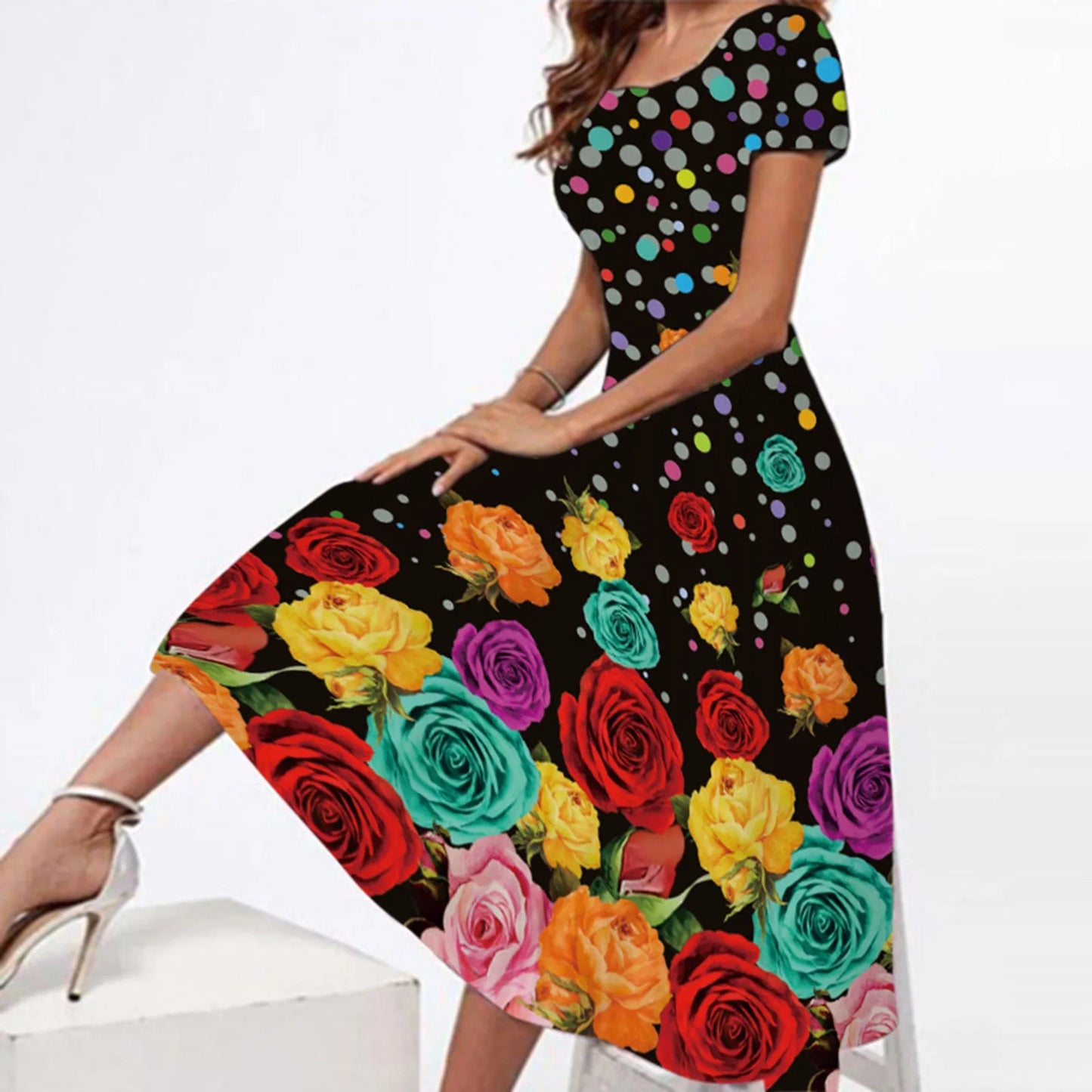 JuliaFashion - Summer Casual Crew Neck Loose Women Short Sleeve Floral Printed Boho Beach Long SunVintage Ladies Long Loose Dress