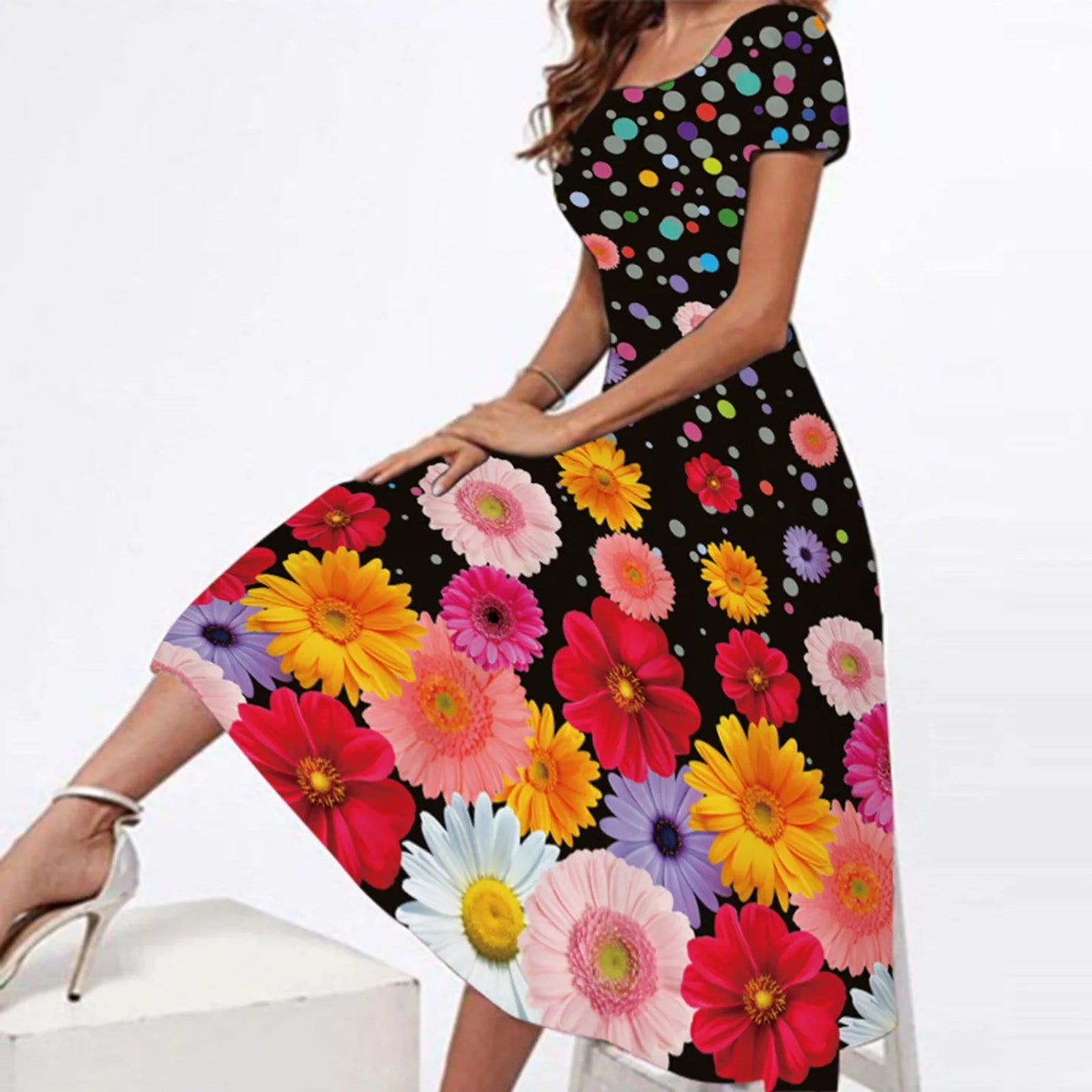 JuliaFashion - Summer Casual Crew Neck Loose Women Short Sleeve Floral Printed Boho Beach Long SunVintage Ladies Long Loose Dress