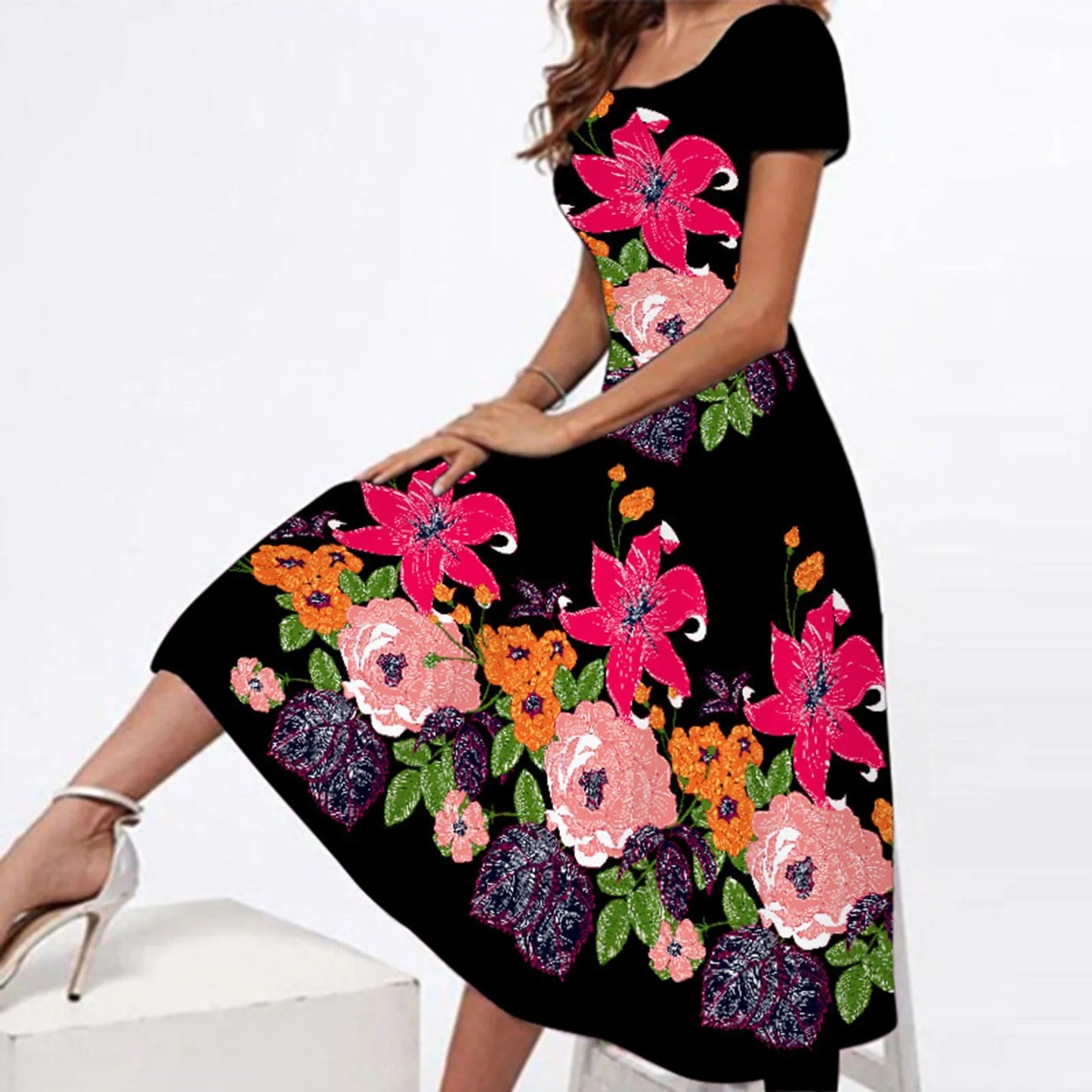 JuliaFashion - Summer Casual Crew Neck Loose Women Short Sleeve Floral Printed Boho Beach Long SunVintage Ladies Long Loose Dress