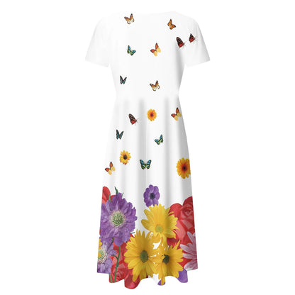 JuliaFashion - Summer Casual Crew Neck Loose Women Short Sleeve Floral Printed Boho Beach Long SunVintage Ladies Long Loose Dress