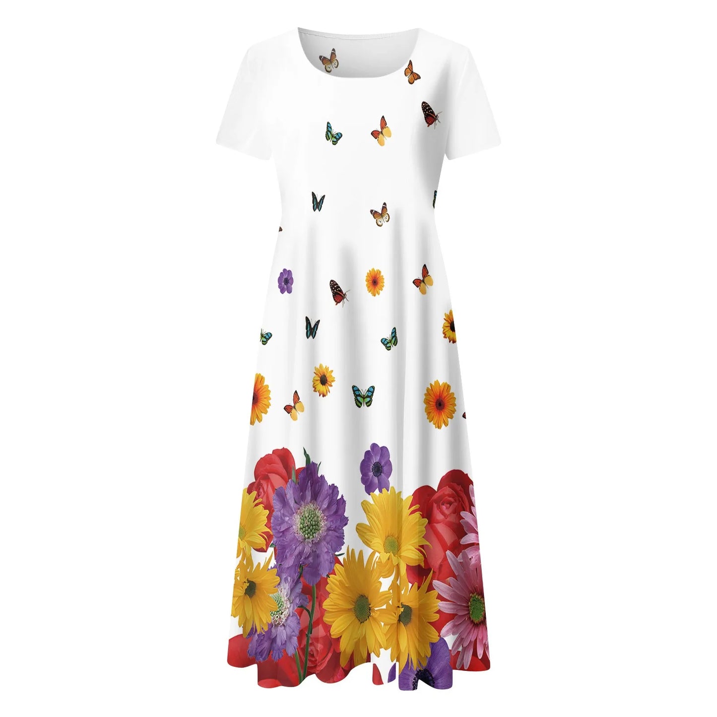 JuliaFashion - Summer Casual Crew Neck Loose Women Short Sleeve Floral Printed Boho Beach Long SunVintage Ladies Long Loose Dress