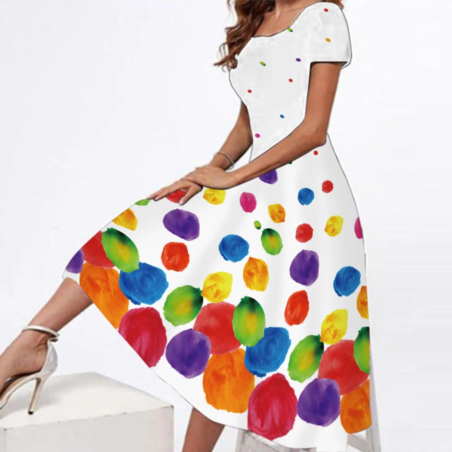 JuliaFashion - Summer Casual Crew Neck Loose Women Short Sleeve Floral Printed Boho Beach Long SunVintage Ladies Long Loose Dress