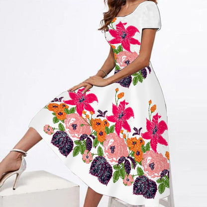 JuliaFashion - Summer Casual Crew Neck Loose Women Short Sleeve Floral Printed Boho Beach Long SunVintage Ladies Long Loose Dress