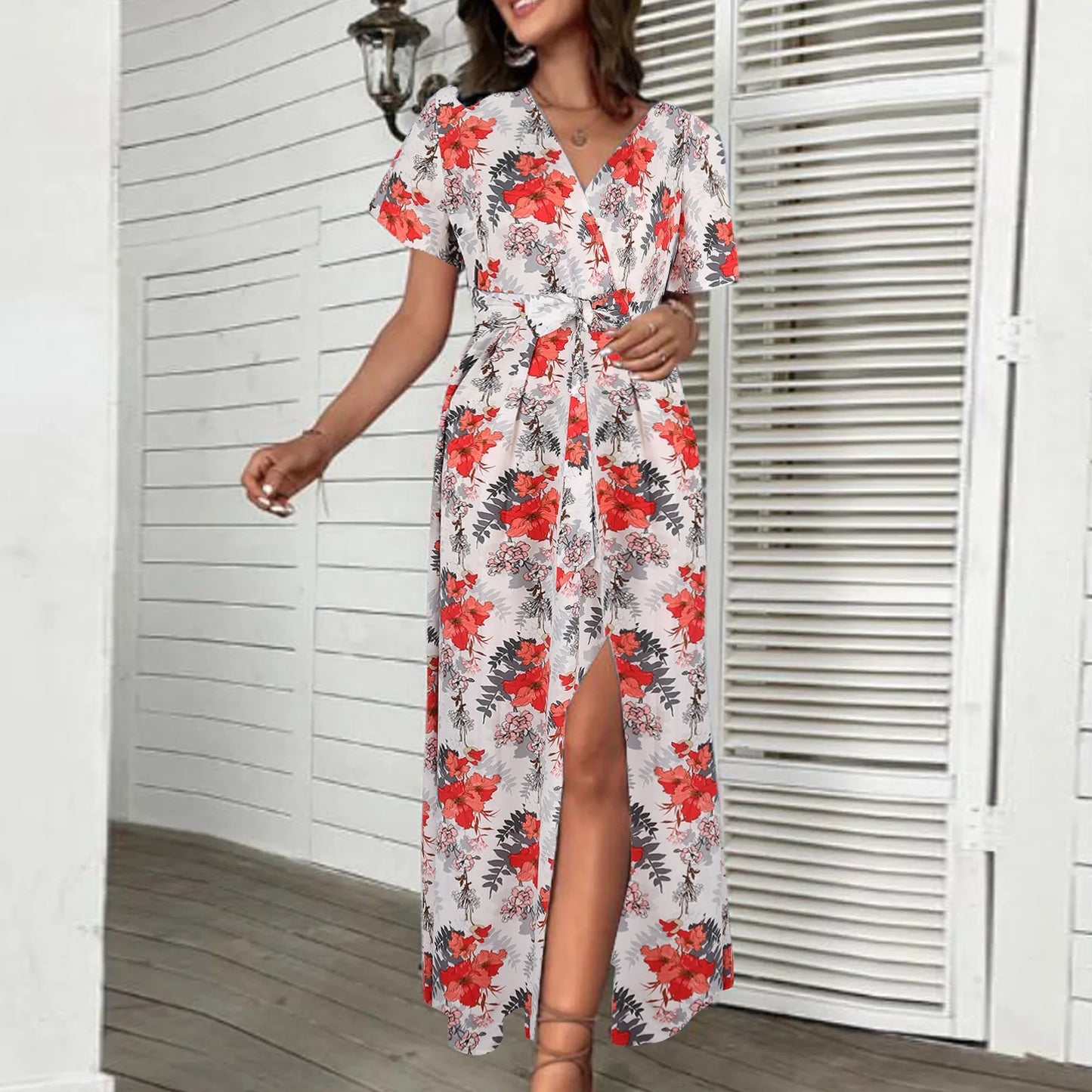 Summer Chiffon Floral Printed Belt For Women 2024 Casual Short Sleeve V Neck Holiday Bandage High Split Party Dress