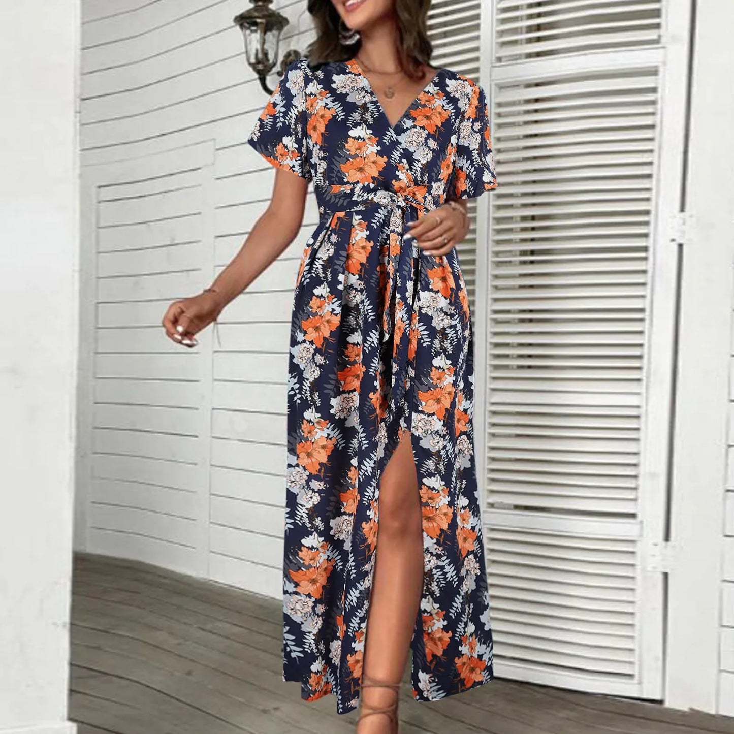 Summer Chiffon Floral Printed Belt For Women 2024 Casual Short Sleeve V Neck Holiday Bandage High Split Party Dress