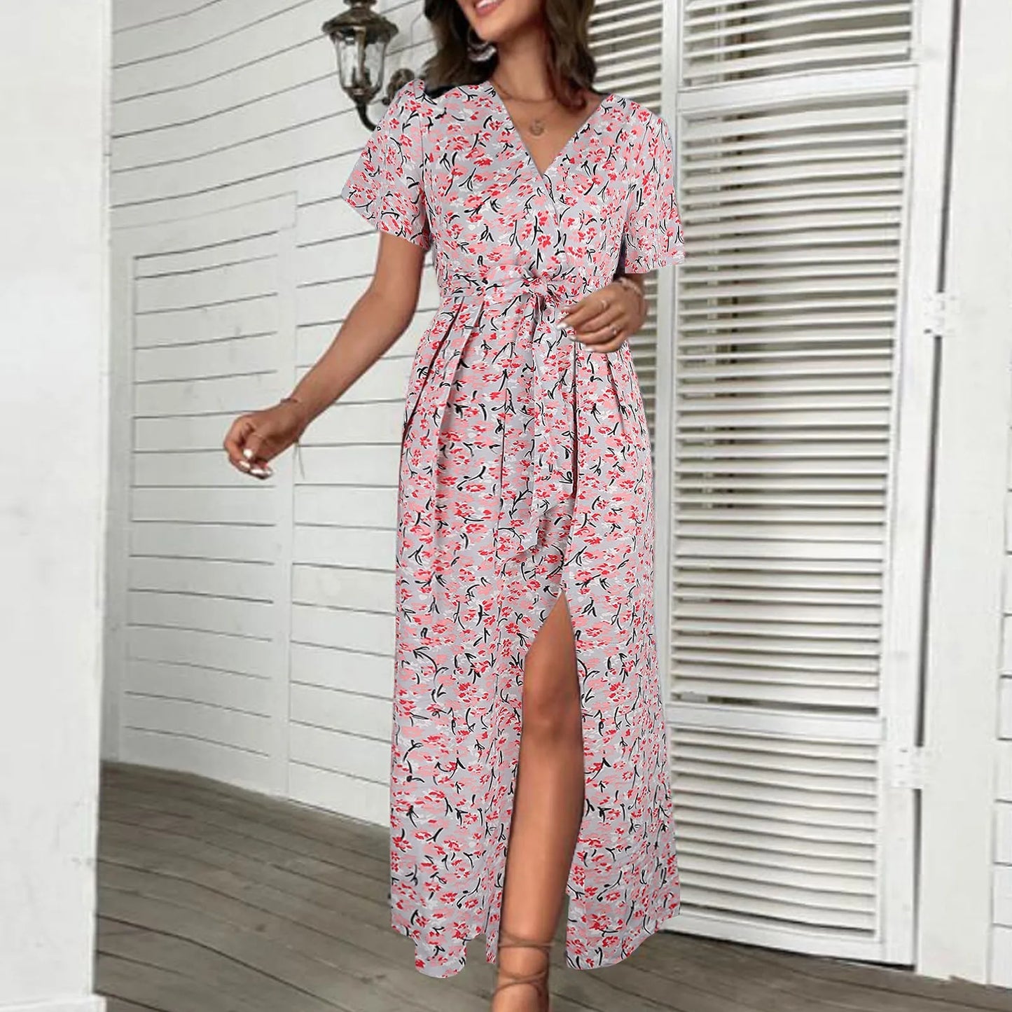 Summer Chiffon Floral Printed Belt For Women 2024 Casual Short Sleeve V Neck Holiday Bandage High Split Party Dress