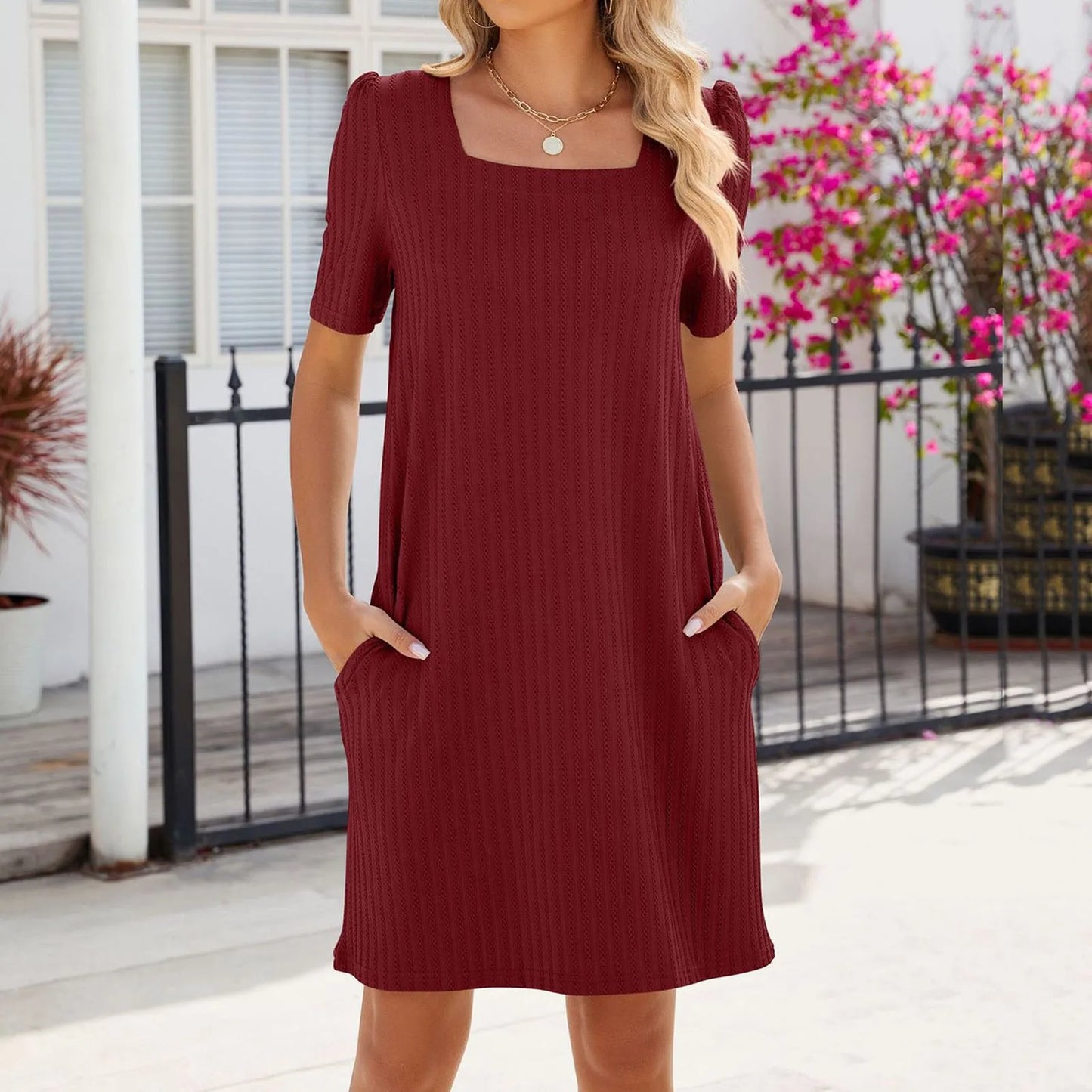 JuliaFashion - Summer Women Casual Fashion Solid Color Square Neck Short Sleeve Pocket Loose Straight Knee Length Midi Dress
