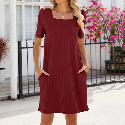 JuliaFashion - Summer Women Casual Fashion Solid Color Square Neck Short Sleeve Pocket Loose Straight Knee Length Midi Dress