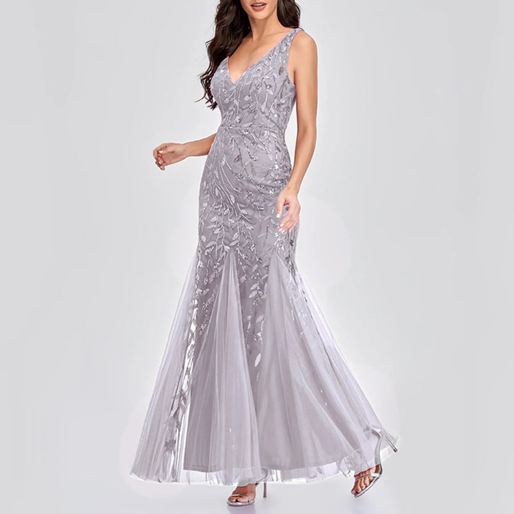New Square-Collar Sequined Long-Sleeve Ruffle Hem Bodycon Evening Party Vestidos Dress Grey / S