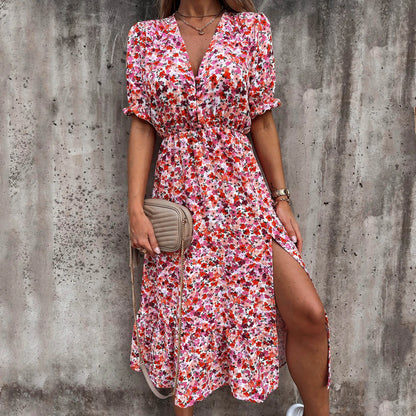 JuliaFashion - Summer Floral Print Women V Neck Side Slit Elegant Long Female Casual Short Sleeve Party Boho Loose Vestidos Dress