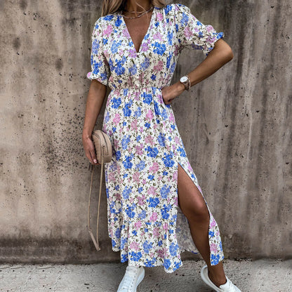 JuliaFashion - Summer Floral Print Women V Neck Side Slit Elegant Long Female Casual Short Sleeve Party Boho Loose Vestidos Dress