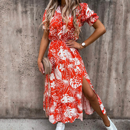 JuliaFashion - Summer Floral Print Women V Neck Side Slit Elegant Long Female Casual Short Sleeve Party Boho Loose Vestidos Dress