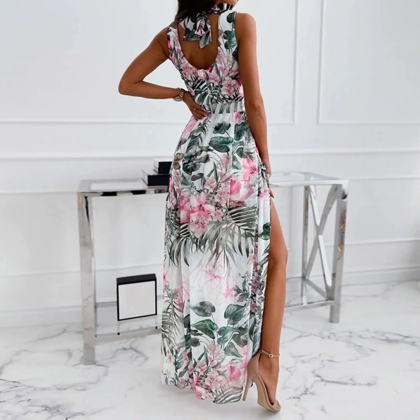 JuliaFashion - Summer Flower Print Long Maxi Elegant Party Vestidos Retro Chiffon Sleevelss High Waist V Neck Slit Boho Robe Dress