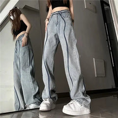 High Waisted Loose Straight Jeans Pants blue / XS