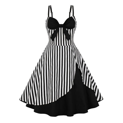 JuliaFashion - Summer Rockabilly 2024 Vintage Elegant Spaghetti Strap Bow Striped Printed Casual Party Pin Up Skater Swing Dress