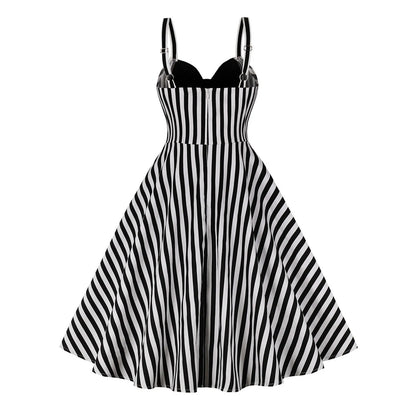 JuliaFashion - Summer Rockabilly 2024 Vintage Elegant Spaghetti Strap Bow Striped Printed Casual Party Pin Up Skater Swing Dress