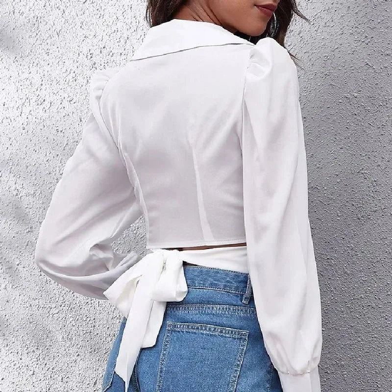 Summer Puff Long Sleeve Cropped Lace-up Blouse blouse-250126