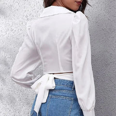 Summer Puff Long Sleeve Cropped Lace-up Blouse blouse-250126