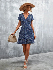 Julia Fashion - Short Boho V Neck Print Floral Party Bohemian Flower Mini Dress