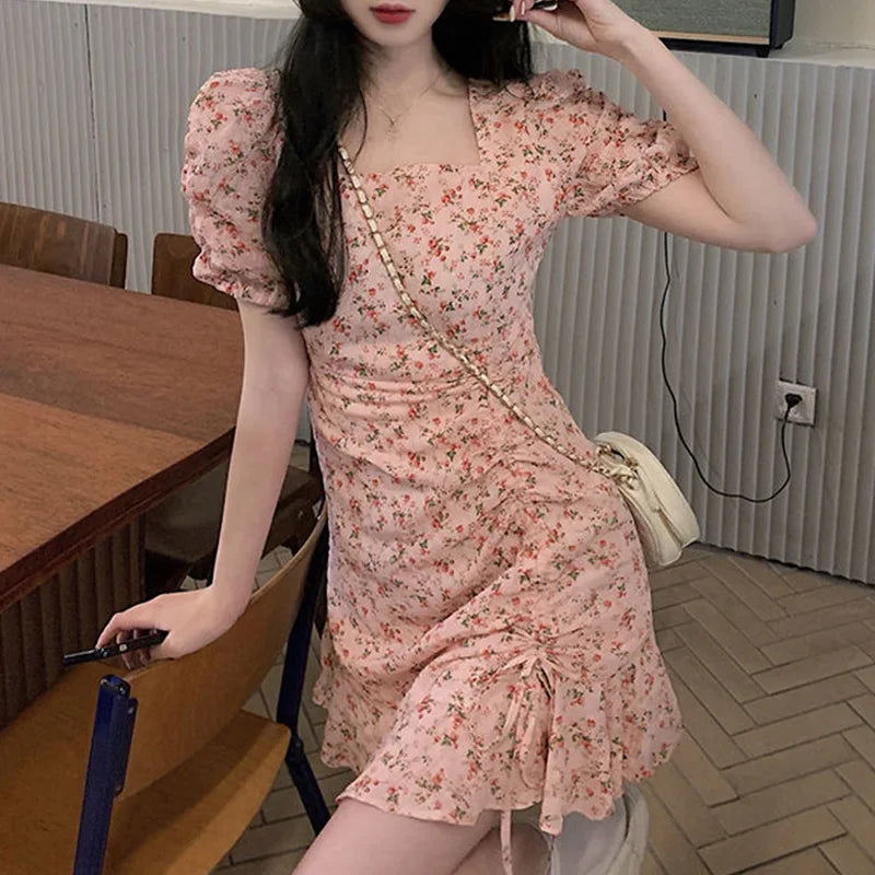 Julia Fashion - Slim Waist Flower Print Retro Mini Dress