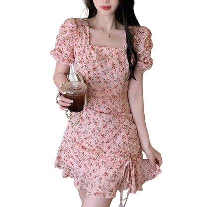 Julia Fashion - Slim Waist Flower Print Retro Mini Dress