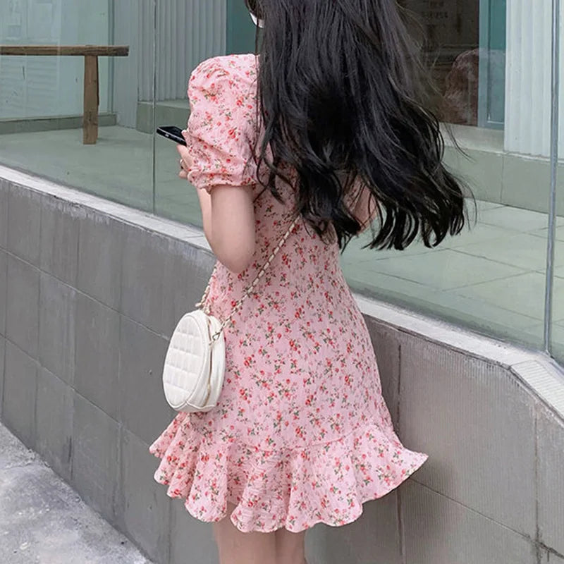 Julia Fashion - Slim Waist Flower Print Retro Mini Dress