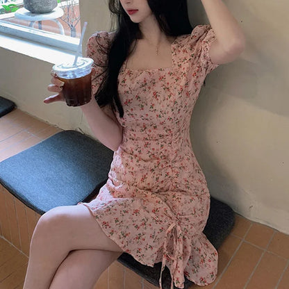 Julia Fashion - Slim Waist Flower Print Retro Mini Dress