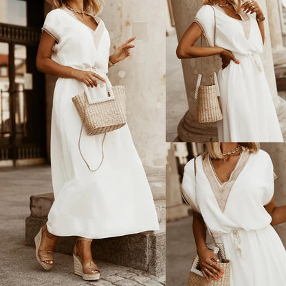 JuliaFashion - Summer V Neck Short Sleeve Office Lady Fashion Lace-Up Loose Commuter Women Elegant Bat Sleeve V-Neck Solid Dress