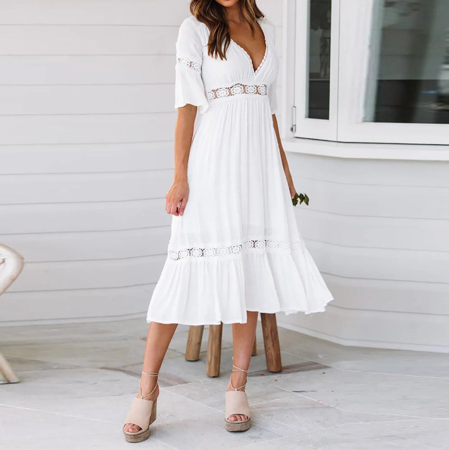 JuliaFashion - Summer White Long Women Boho Hollow Out A Line Ruffles Short Sleeve V-Neck Loose Fashion Casual Elegant Woman Dress