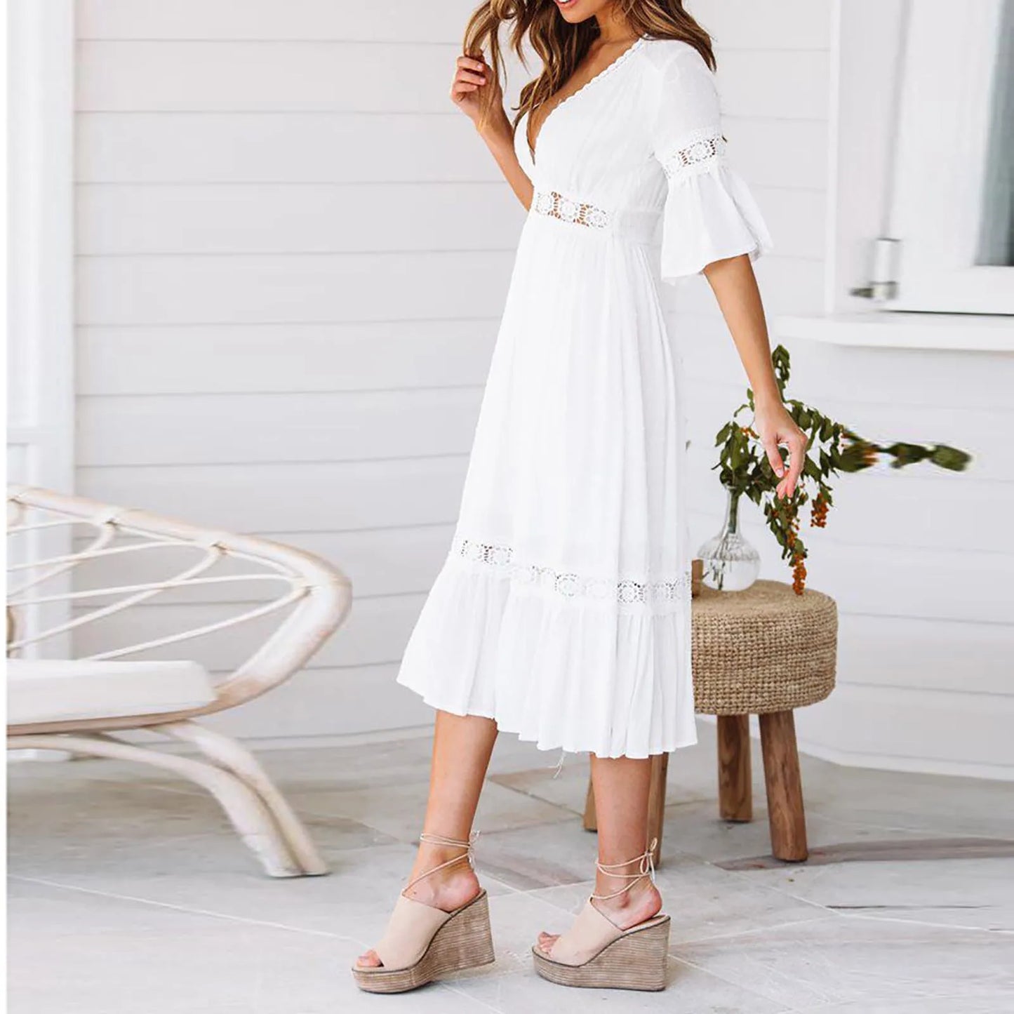 JuliaFashion - Summer White Long Women Boho Hollow Out A Line Ruffles Short Sleeve V-Neck Loose Fashion Casual Elegant Woman Dress